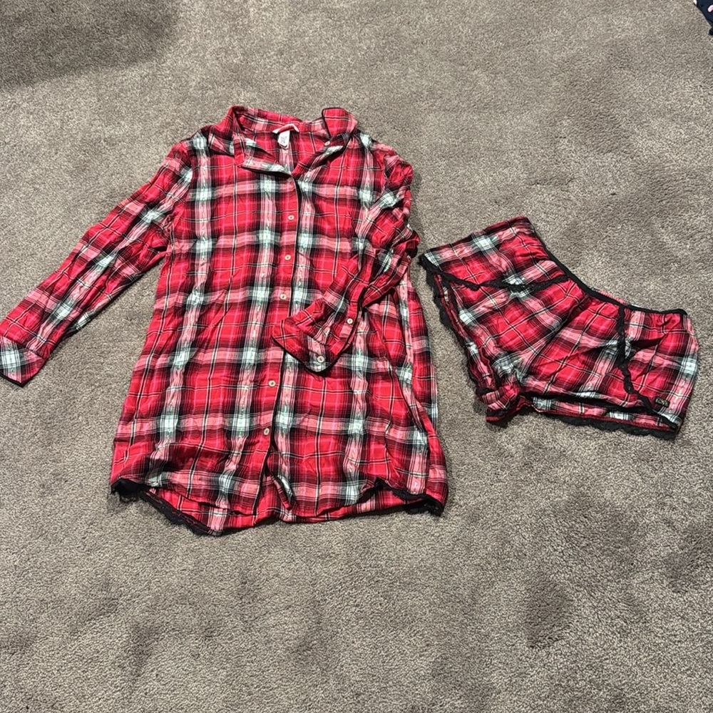 Victoria's Secret Pink Plaid Pajama Set Size L/M Button Front Nightshirt